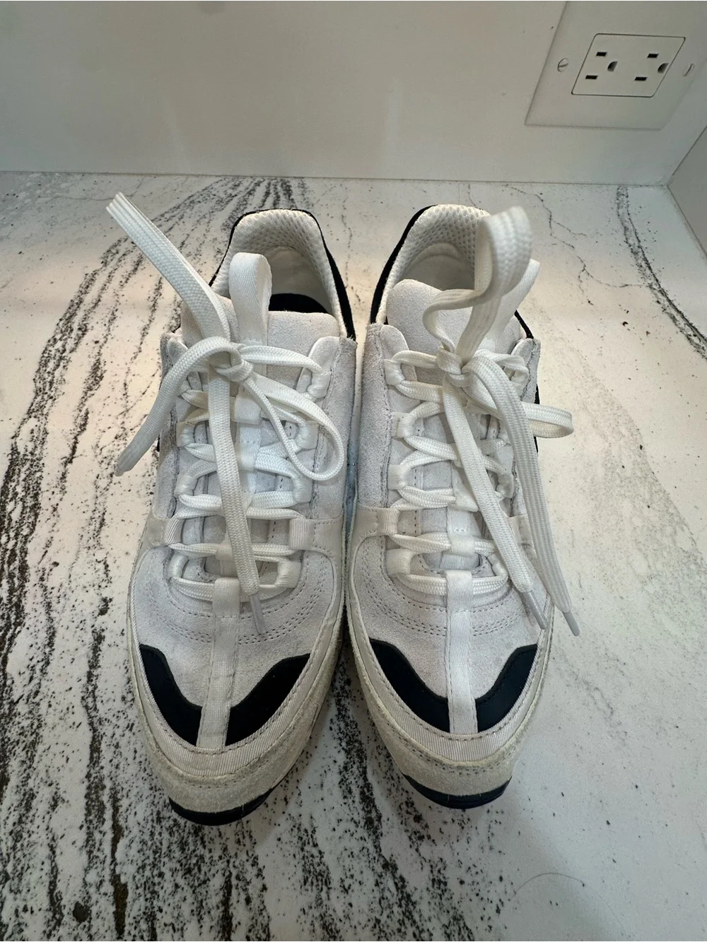 CHANEL White and Black Lace-Up Suede & Sneakers Size 39